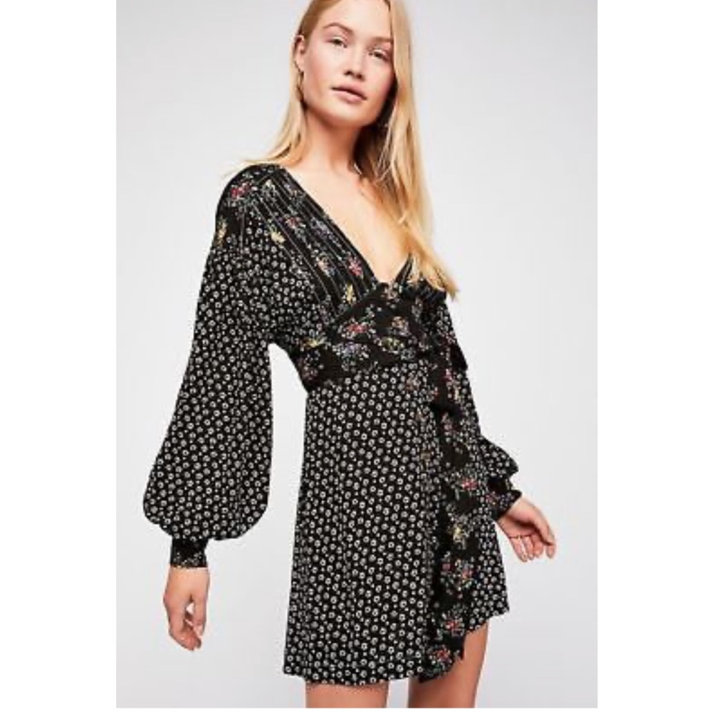 Free People Black Printed Wonderland Mini Dress Size X-Small